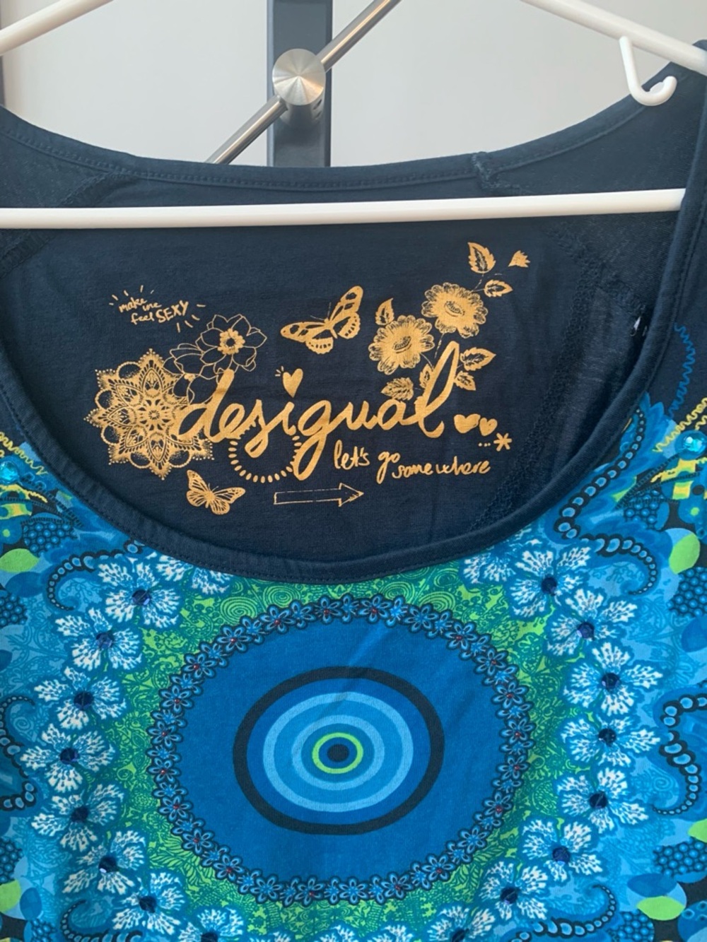 Desigual Navy Blue Long Sleeve Scoop Neck Top with Blue & Green Mandala Print - Picture 2 of 6